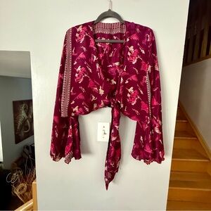 Vintage 100% Silk Sari Wrap Top ✦ Plum Whimsigoth Bell Sleeve Boho One-of-a-Kind